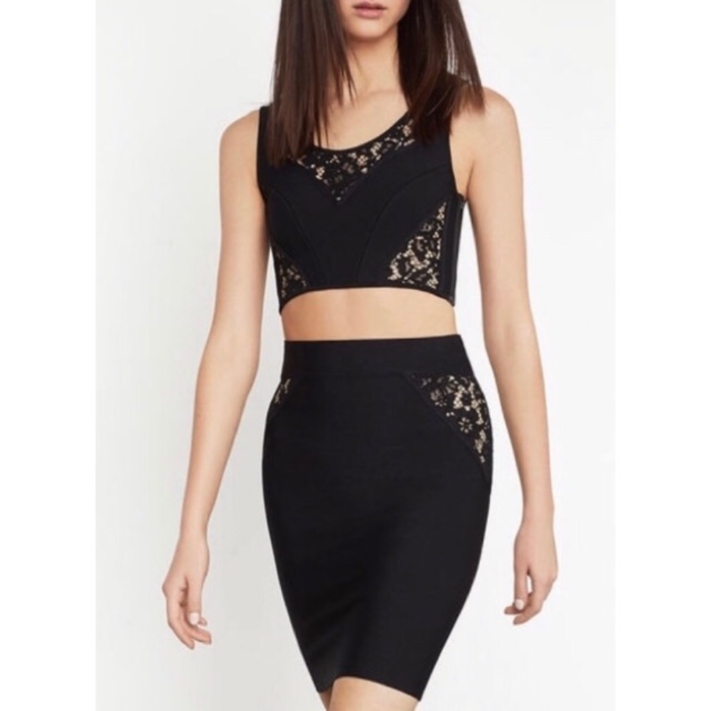 BCBGMAXAZRIA Lace Inset Knit Crop Top and Pencil Skirt Set Large L NEW NWT